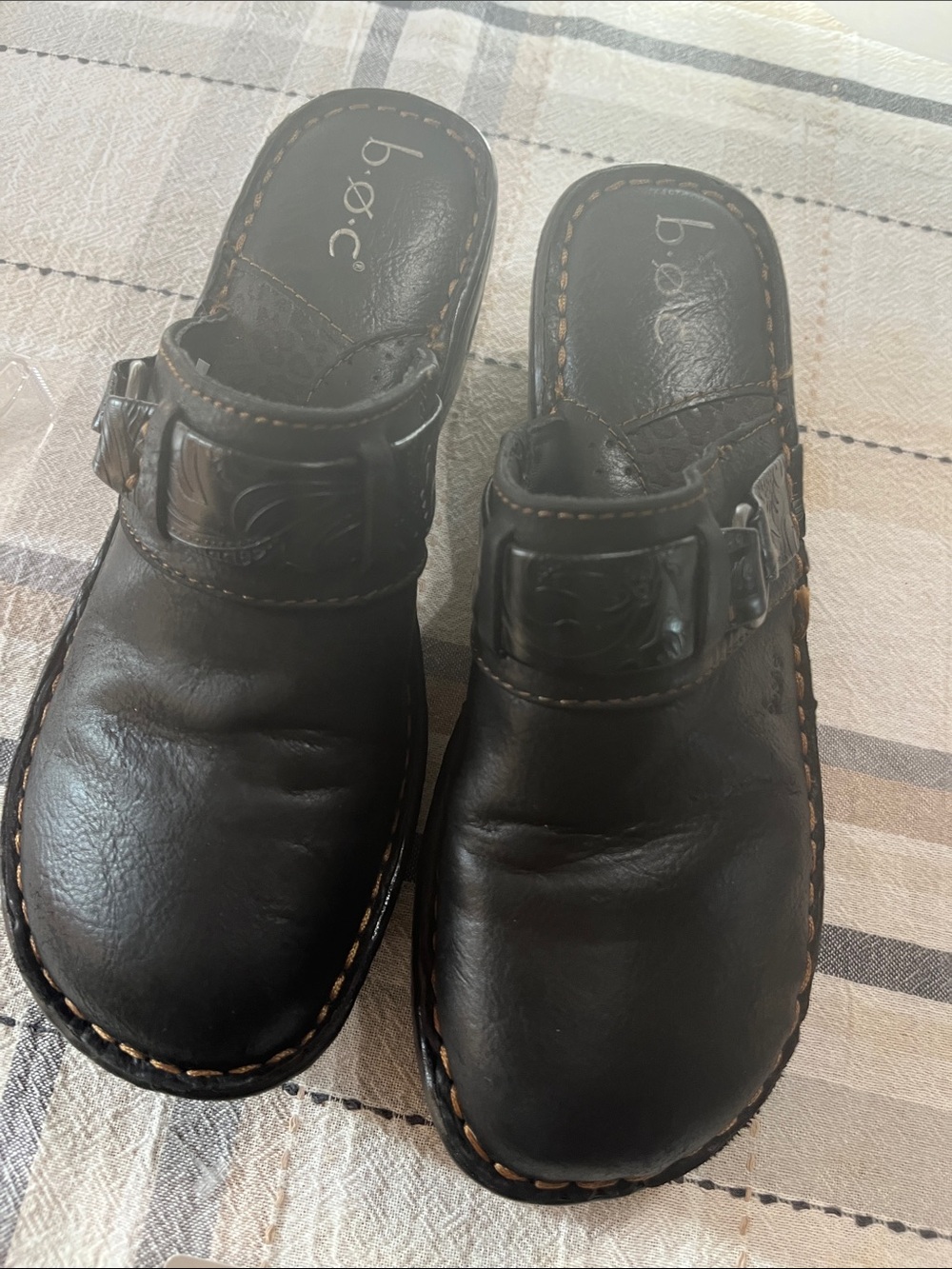 b.o.c. Black Leather Slip-On Clogs with Decorative Buckle